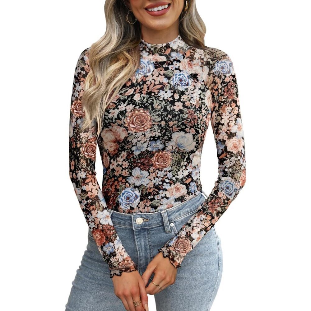 Women's Mesh Top Long Sleeve Sheer Blouse Mock Neck Party Casual
